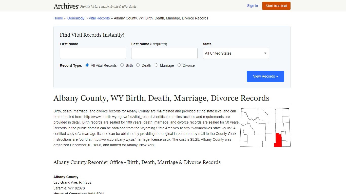 Albany County, WY Birth, Death, Marriage, Divorce Records - Archives.com